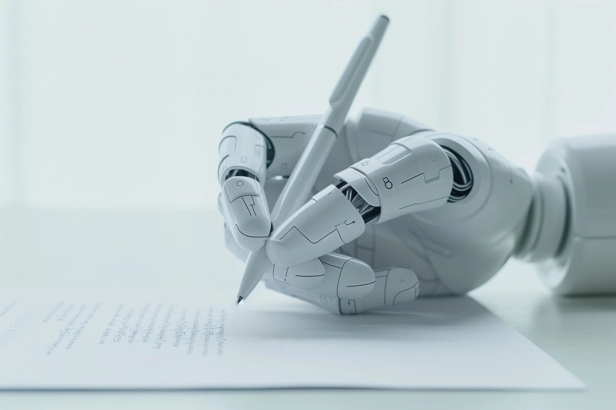 press-media/cyborg-robot-hand-holds-pen-write-paper-white-robotic-arm-with-black-buttons-r